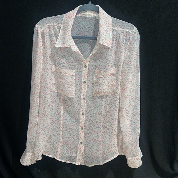 New Guess Long Sleeve Floral Collared Sheer Light Shirt Top Ditsy M - Picture 1 of 8